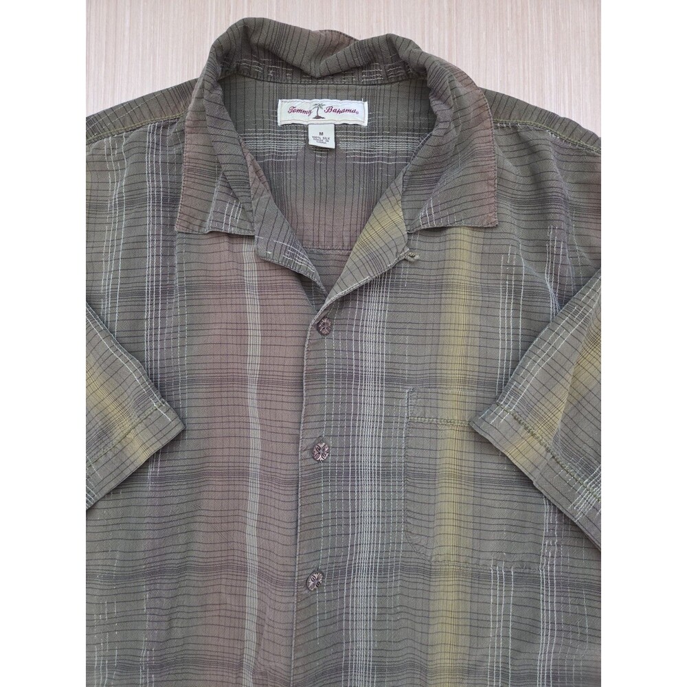 Tommy Bahama Men's M Button Up Shirt 100% Silk Green Brown Plaid Short Sleeve